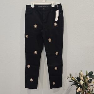 Chico's Black Ankle Jeans with Floral Embroidery